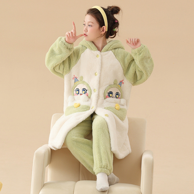 儿童睡衣女童秋冬季珊瑚绒睡袍长款加长款法兰绒中大童家居服套装