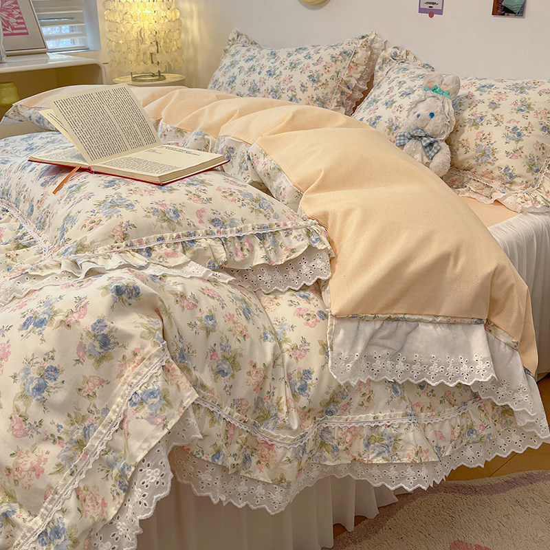 田园小清新100全棉四件套纯棉荷叶边被套床单ins韩式少女床上用品