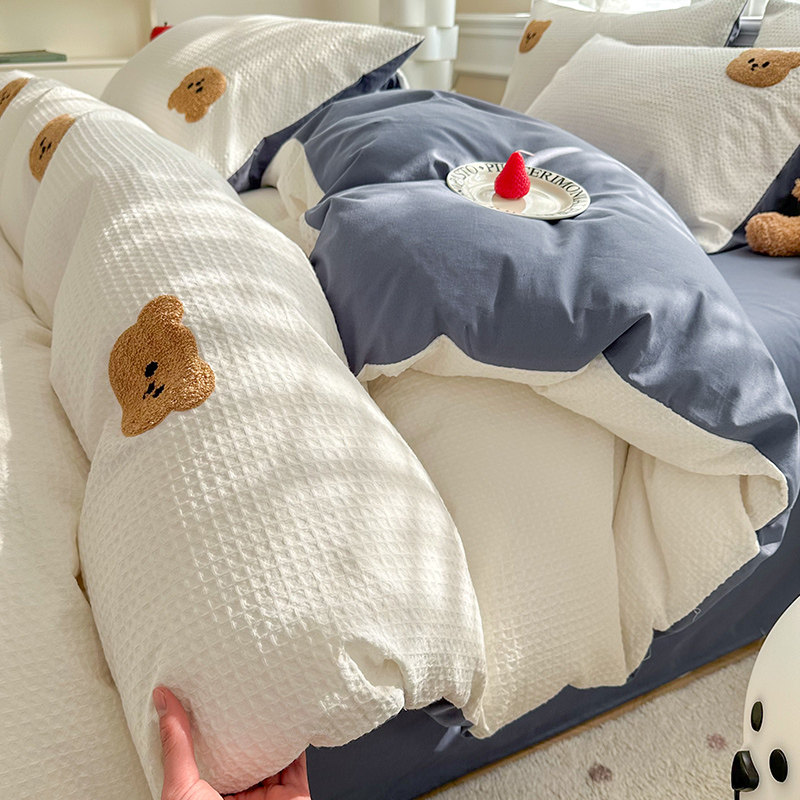 A类纯棉小熊刺绣床上四件套全棉华夫格被套床单ins可爱卡通三件套,床上用品,床品套件/四件套/多件套,淘宝优惠券,粉丝福利购,淘宝优惠卷