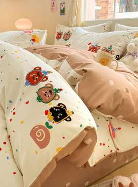ins100全棉可爱卡通床上四件套亲肤纯棉床单被套床笠款学生三件套