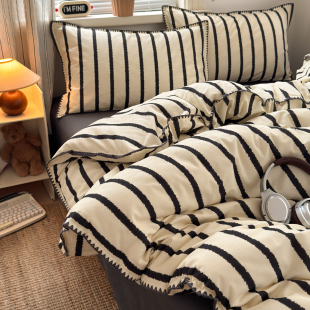 秋冬A类100全棉纯棉四件套加厚磨毛贝壳边简约被套床单床品三件套