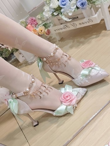 花下情书官配鞋为你原创设计Lolita小妖静手作紫色粉绿花嫁高跟鞋