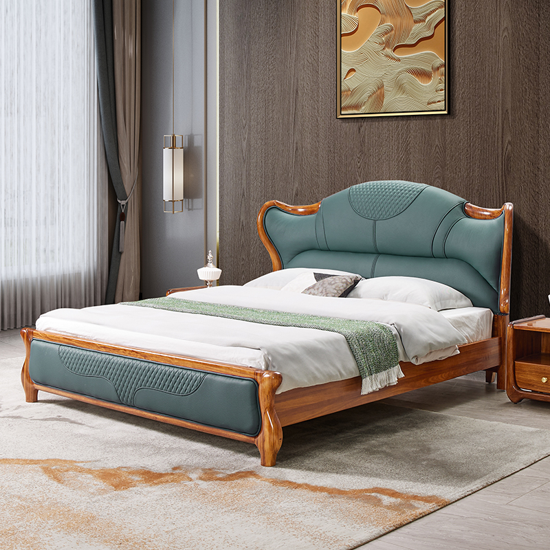 现代新中式乌金木实木床卧室高端双人真皮床主卧1米8头层牛皮大床