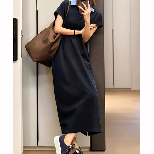 美洋MEIYANG 肥肥连衣裙 珠地肌理棉_撞色polo领宽松长裙