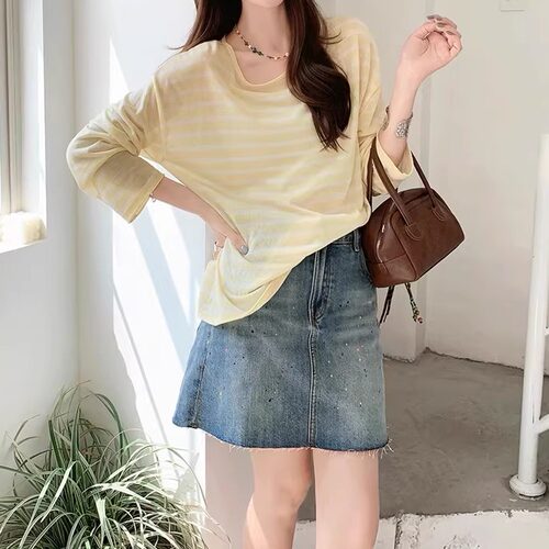 美洋MEIYANG 冰丝醋酸条纹针织衫 三醋酸天丝_抗菌凉感长袖