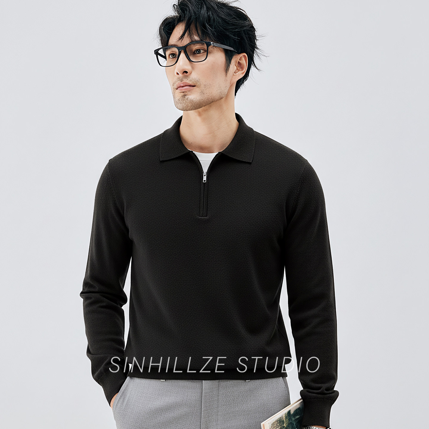 莫代尔羊毛拉链翻领针织衫男2025新款秋季高端商务毛衣深蓝色带领