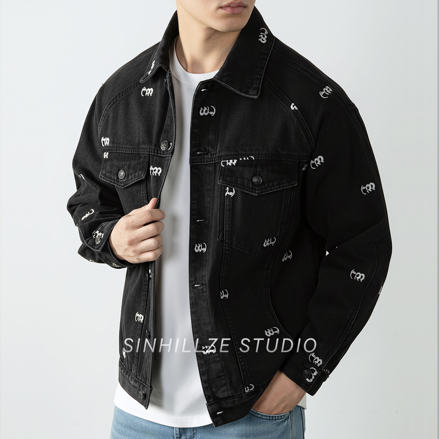 棉质春秋水洗牛仔外套男2025新款潮牌刺绣牛仔夹克衫黑色美式复古