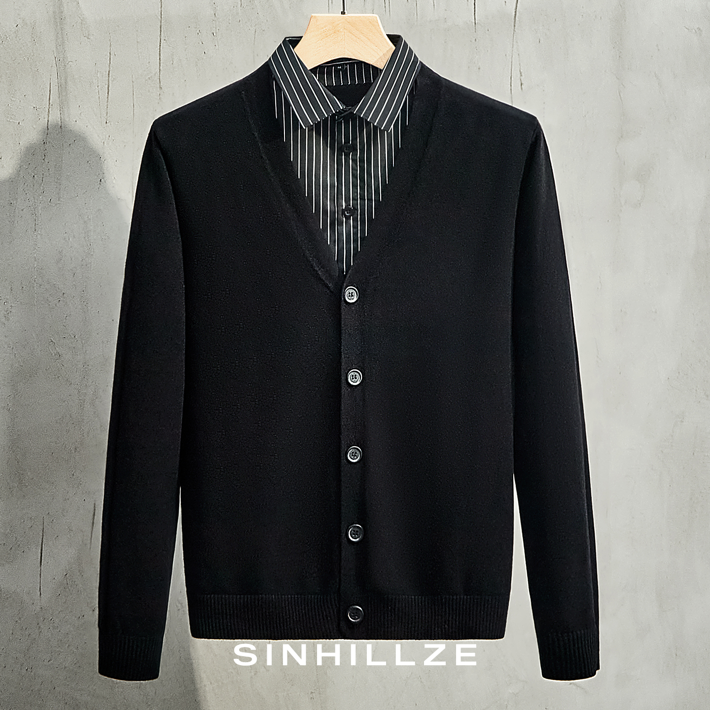 针织开衫假两件毛衣男衬衫领休闲