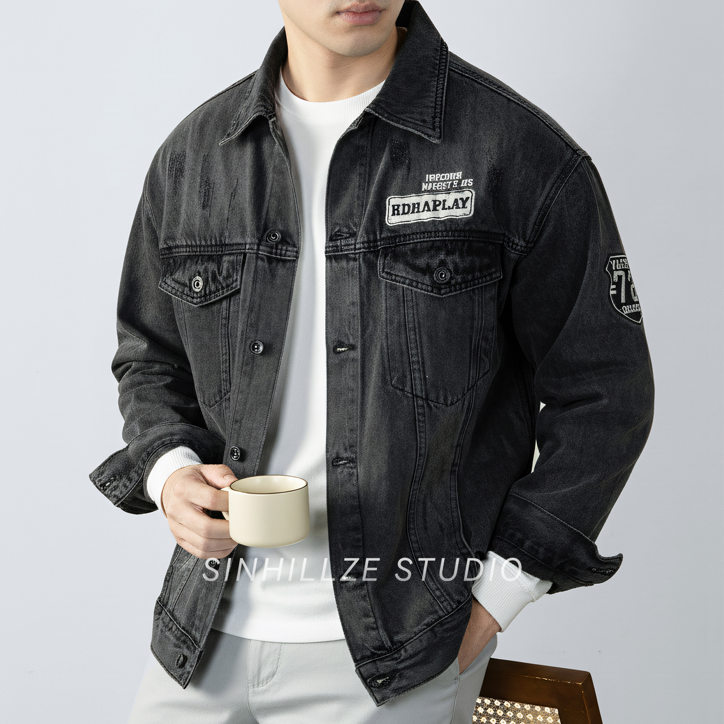 纯棉牛仔外套男黑色春秋美式复古潮牌刺绣夹克衫休闲外衣2025新款