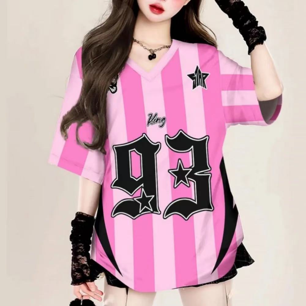 美式复古粉色条纹短袖t恤女