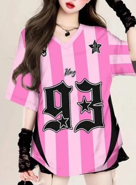 美式复古粉色条纹短袖t恤女夏季新款宽松bf慵懒风上衣