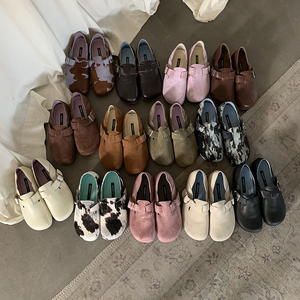 【聚划算】迷失麋鹿 一脚蹬勃肯鞋复古真皮单鞋女平底毛毛鞋