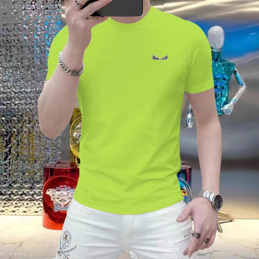 荧光黄时尚烫钻银标男士圆领短袖轻奢高级感双丝光棉丝滑凉感T恤