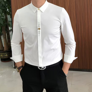 欧洲站轻奢男士免烫商务休闲衬衫高弹丝滑时尚金标长袖修身衬衣潮