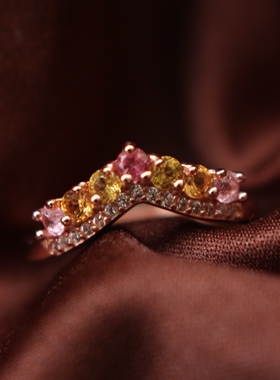 玉925纯银18k天然碧玺戒指彩虹