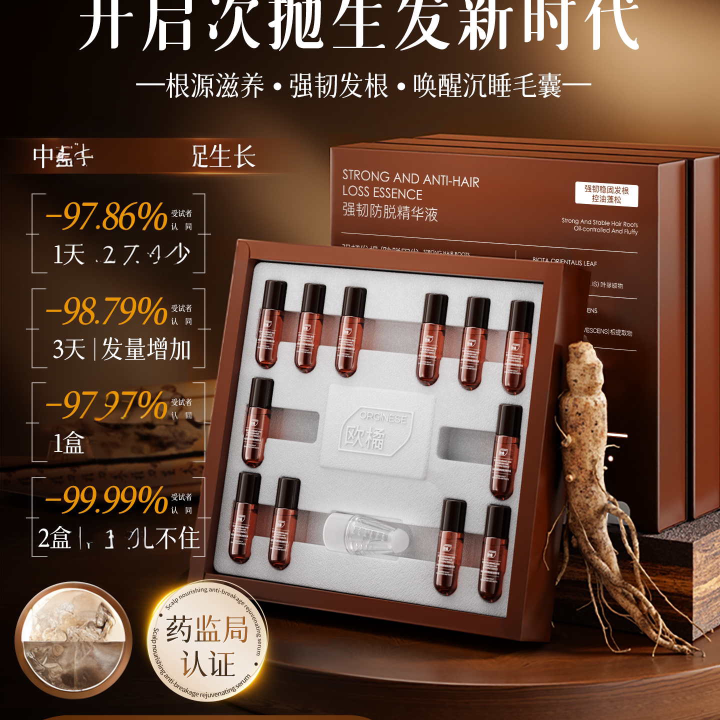 欧橘防yu发液增发密发剂发际线快速生长侧柏叶人参营养精华液