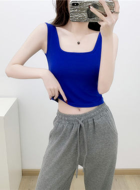 莫代尔吊带背心女克莱因蓝方领无袖短款漏肚脐露腰运动瑜伽服上衣