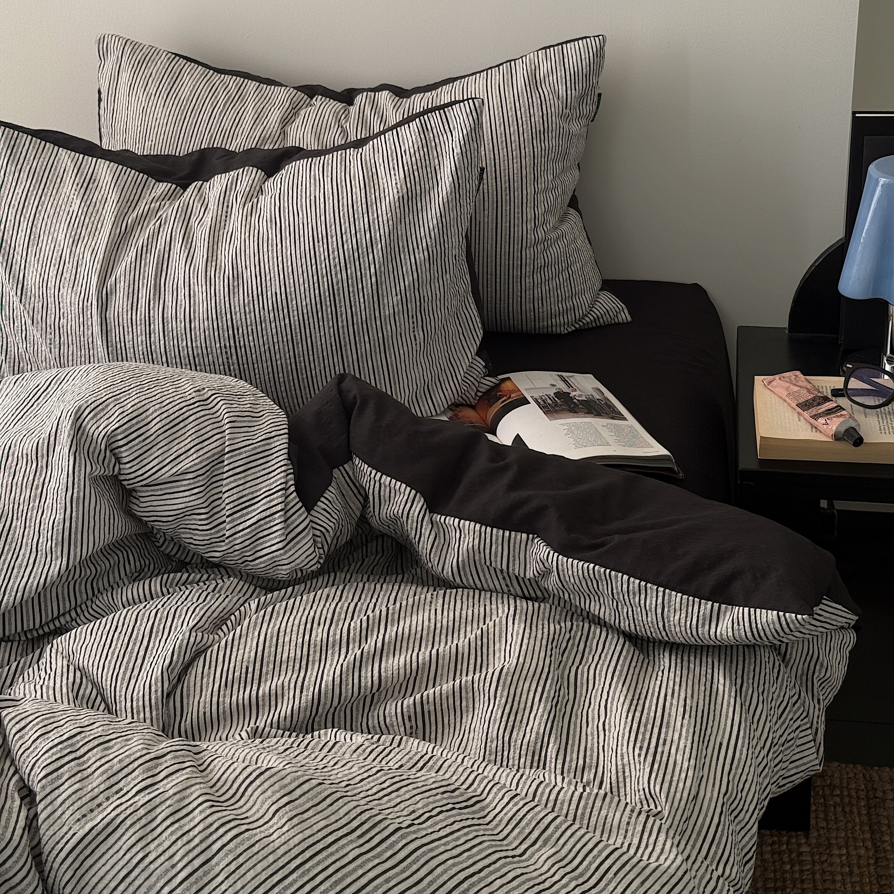 日式简约风条纹软糯亲肤双层纱床上四件套被套床单宿舍三件套床笠