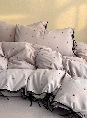 公主风浪漫紫色蝴蝶结系带水洗棉床上四件套床单被套宿舍床三件套