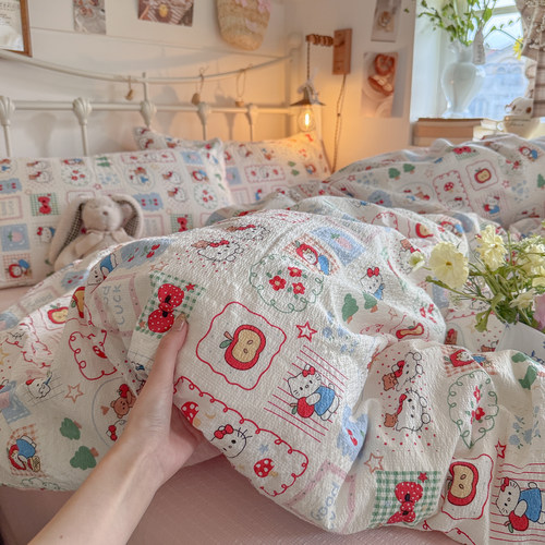 卡通童趣可爱小猫双层泡芙纱床单床笠被套四件套学生宿舍床上用品