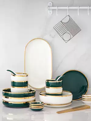 Household tableware and chopsticks set European dishes, rice bowls, gift boxes, soup dishes, noodles bowls, Western food, gold-rimmed set plates
