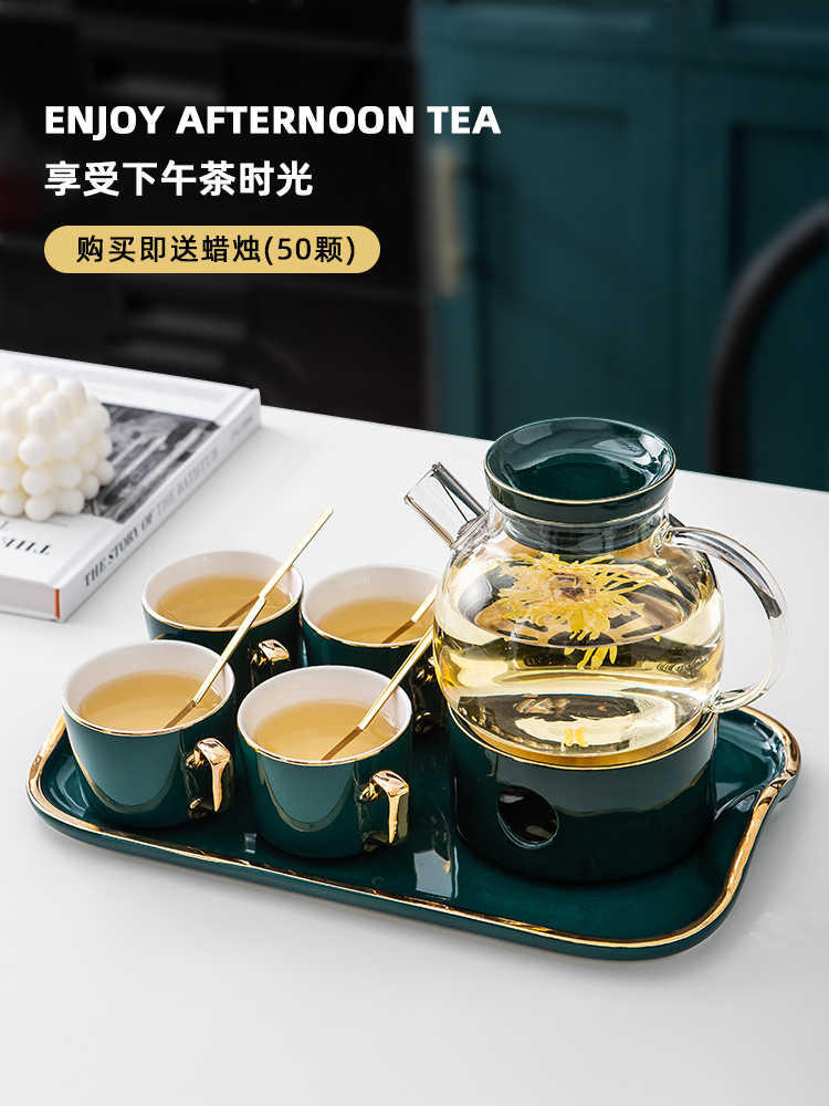 English ceramic Glass flower tea pot set Household afternoon tea Heating kettle Cup plate tray Teapot tea set