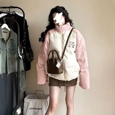 白色棉服女款冬季新款卡通印花棉袄复古撞色棉衣小个子加厚外套潮