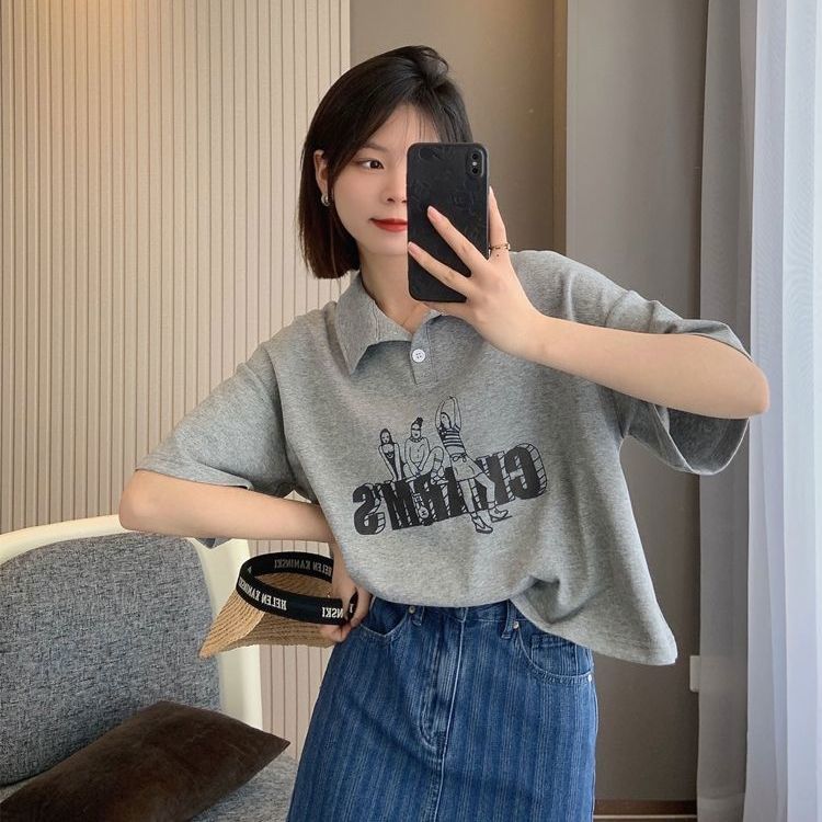 小众设计感2025新款夏季大码宽松韩版短款上衣POLO领短袖t恤女潮