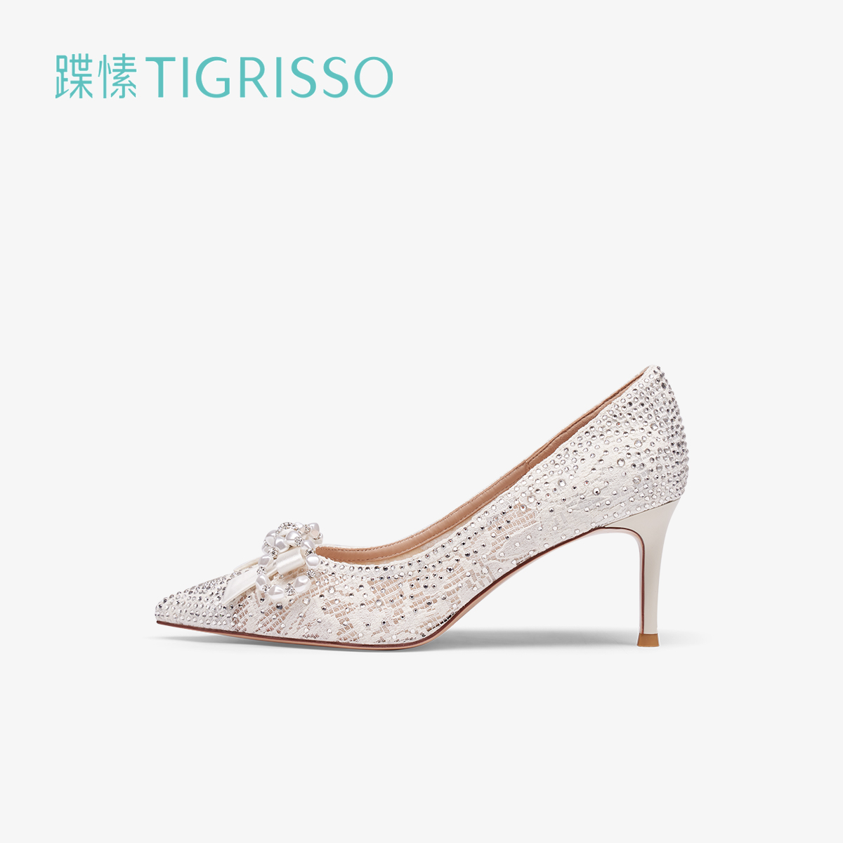 蹀愫中式尖头婚鞋珍珠晚宴单鞋
