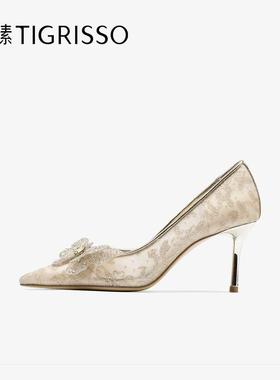 蹀愫2025新中式婚鞋蕾丝尖头高跟鞋钻蝴蝶单鞋TA65101-81