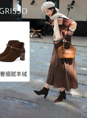 大小姐蹀愫25秋冬新款加绒羊皮短靴经典尖头复古时装靴TA65705-10