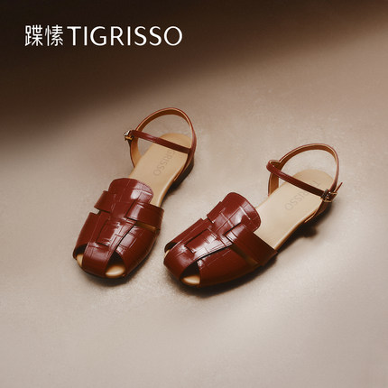 蹀愫25年法式包头罗马凉鞋真皮外穿镂空猪笼鞋TA65306-53