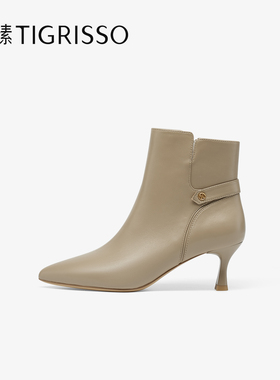 蹀愫2025冬季新款尖头时装靴高跟细跟时尚靴子羊皮短靴TA65705-16