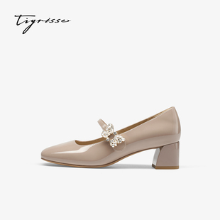 T76117A 月下蝴蝶蹀愫26年春新法式 玛丽珍粗跟增高4.5钻扣单鞋