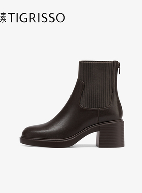 蹀愫冬季羊皮拼接时装靴6cm粗跟增高女靴子TA54709-14
