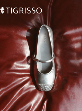 蹀愫2025年新款羊皮拼接圆头玛丽珍鞋内增高银色单鞋TA65312-51