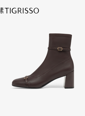 蹀愫2025年秋冬新款厚底增高7时装女靴羊皮高跟短靴TA65783-50