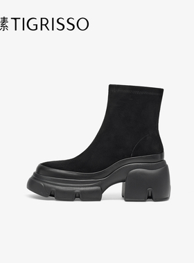 蹀愫2025年秋冬新款圆头加绒时装靴厚底增高7.5短靴女TA65716-52