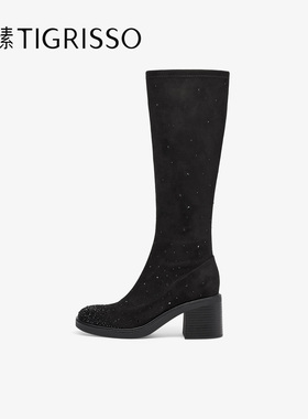 蹀愫25年秋冬新款烫钻高跟时装增高7CM弹力骑士长靴女TA65704-13