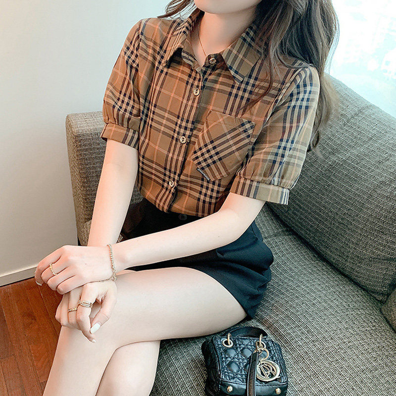 短袖格子衬衫女2024年夏装新款宽松显瘦欧货小众别致高级感上衣潮
