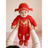 百天宝宝连体衣秋冬外出婴儿过年喜庆衣服加绒满月冬装 纯棉加厚男