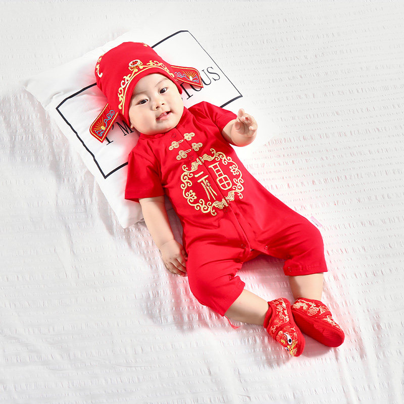 周岁礼服男宝宝夏季中国风婴儿生日纯棉短袖新生儿抓周薄款连体女