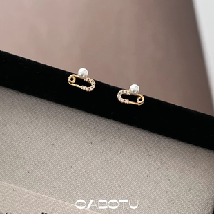 迷你珍珠别针耳钉·通体925纯银小众设计镶钻回形针简约气质耳环