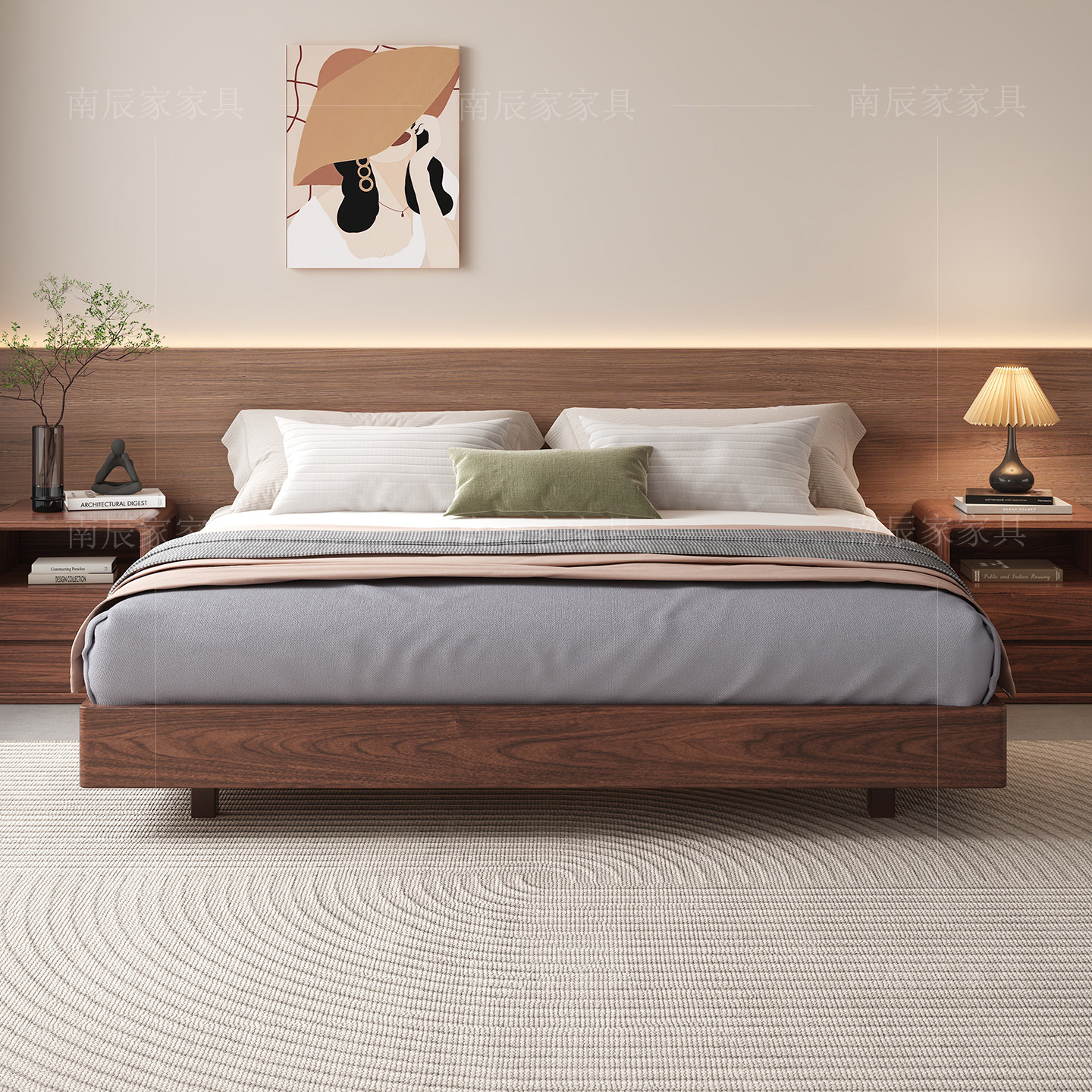 无床头实木床榻榻米现代简约主卧室高端2025新款双人悬浮黑胡桃木