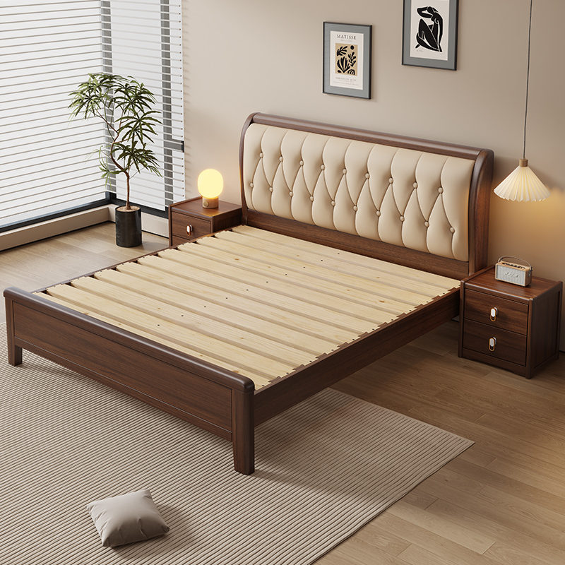 胡桃木实木床储物床双人床带抽屉大床主卧室实木床架婚床全实木床