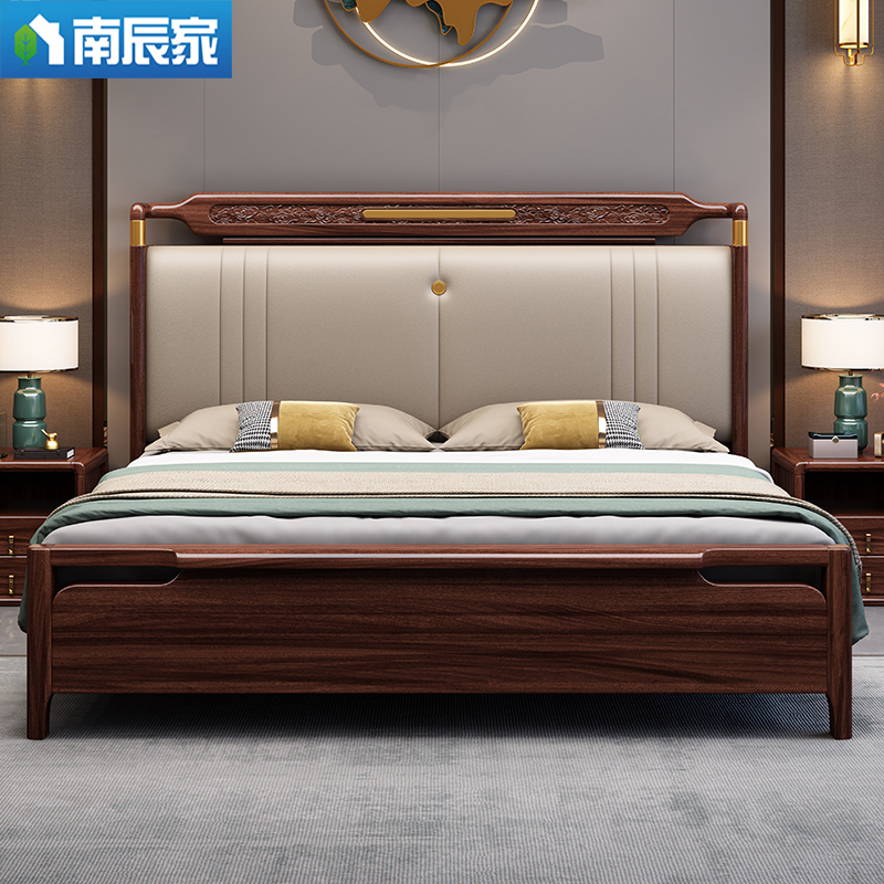 乌金木实木床1.8主卧真皮软靠床