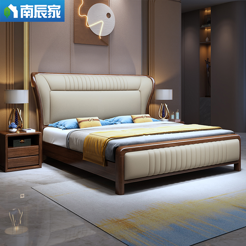 金丝檀木床1.8米真皮双人储物软靠别墅床现代简约新中式实木大床