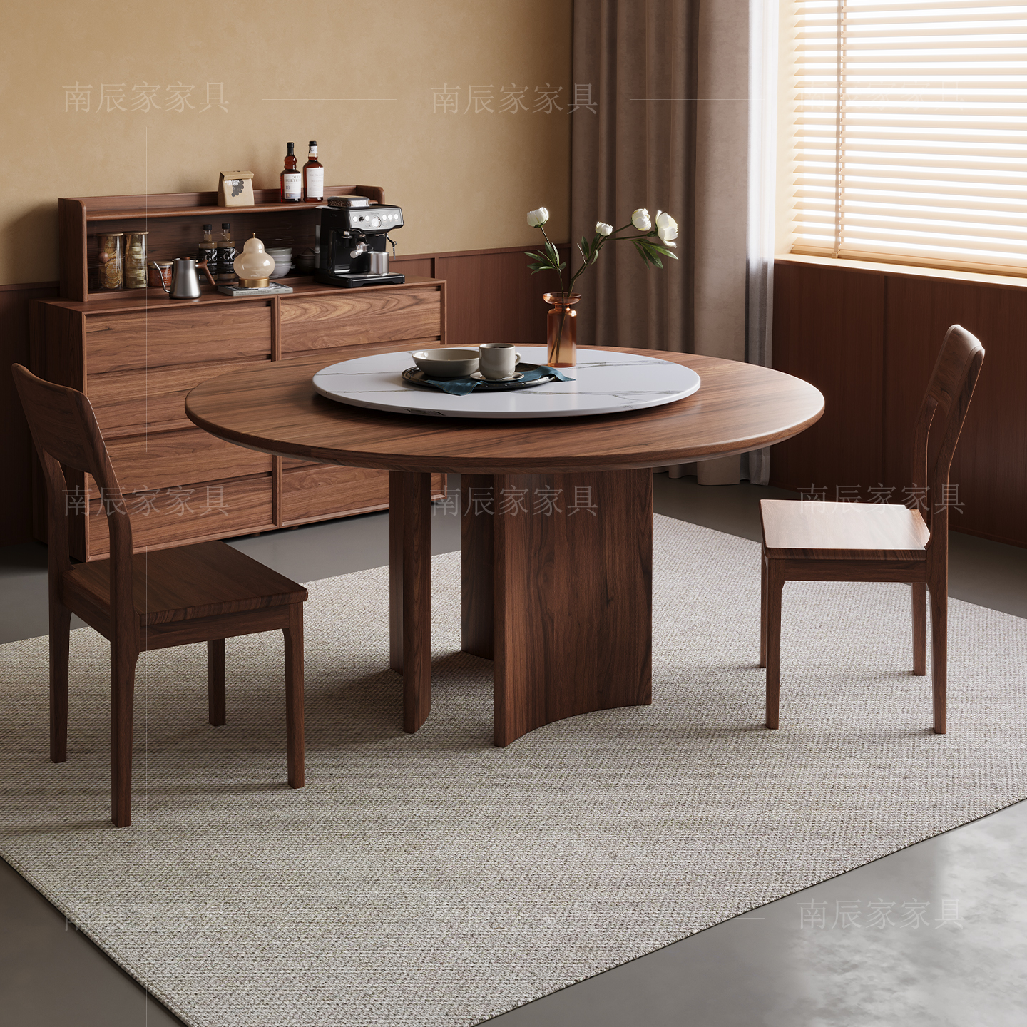 黑胡桃木实木餐桌家用圆形饭桌子现代简约餐厅实木圆桌带转盘组合