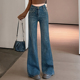 拖地裤 复古蓝烫钻高腰阔腿裤 宽松弹力显瘦直筒裤 女九分裤 子 牛仔裤