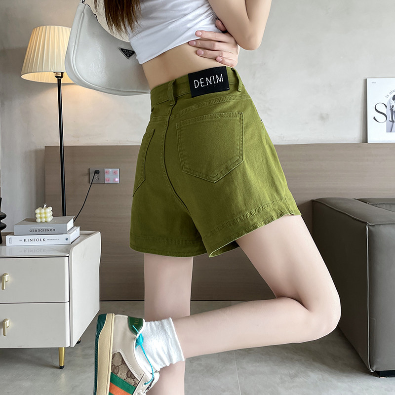 弹力牛仔短裤女夏季薄款高腰牛仔裤女短裤子牛油果色热裤米白色潮